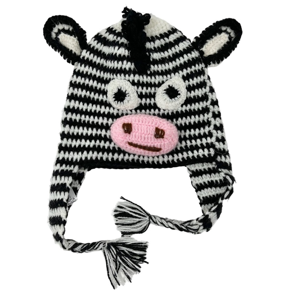 NWT Crochet Zebra Kids Hat Unisex Alpaca Hand Made in Peru Cute Fun Warm